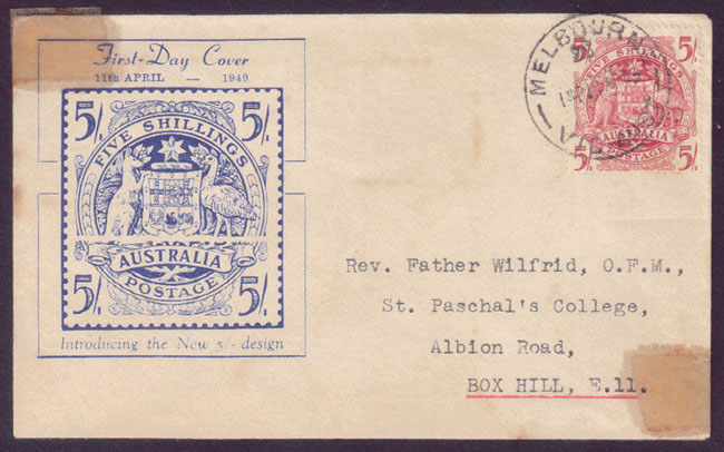 1949 Australia FDC card with High Value stamp